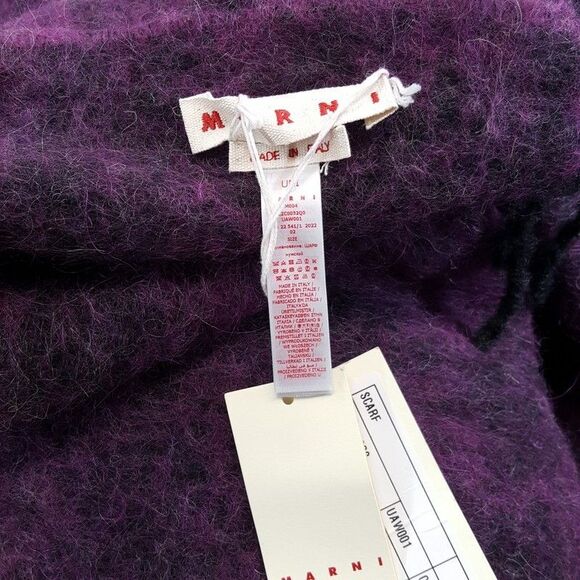 MARNI Brushed Wool Mohair Oversized Check Scarf Purple Black Fringe ITALY 100x30 - Picture 10 of 12